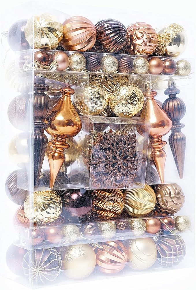 Christmas Tree Ornaments Decorations Set-116ct 1.18-6.5 Inch Assorted Copper Gold Shatterproof Decorative Hanging Christmas Ball Ornaments Bulk,Xmas Tree Tabletop Decorations for Holiday Decor