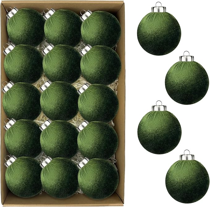 Green Velvet Ornaments for Christmas Tree 15 PCS, Big Neutral Flocked Christmas Bulbs Ornaments Set 3.15 Inch, Matte Suede Xmas Hanging Baubles Decorations (Sage Green)