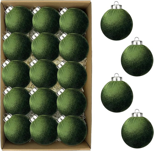 Green Velvet Ornaments for Christmas Tree 15 PCS, Big Neutral Flocked Christmas Bulbs Ornaments Set 3.15 Inch, Matte Suede Xmas Hanging Baubles Decorations (Sage Green)