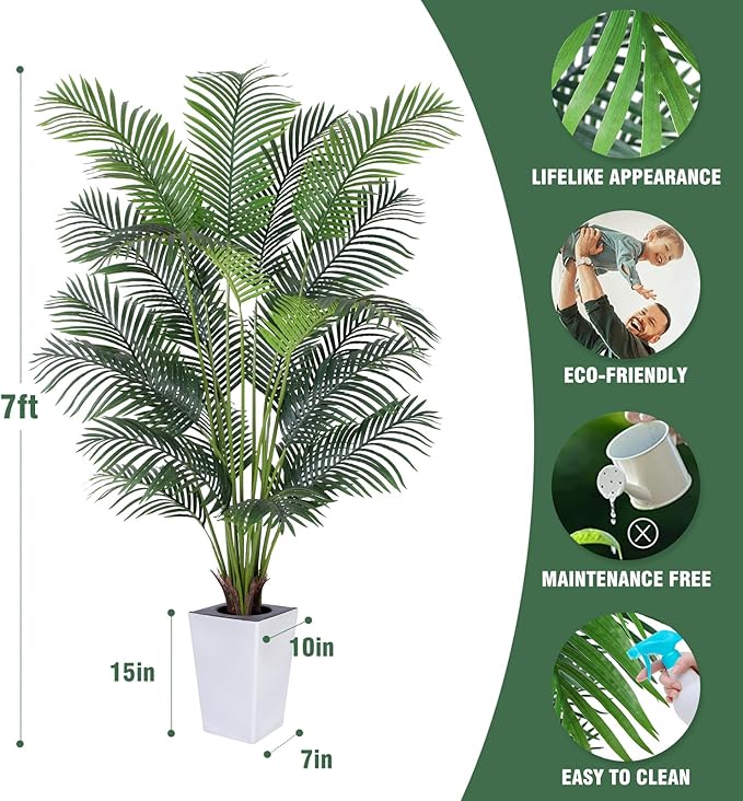 Artificial Palm Tree with White Tall Planter, 7ft Tall Potted Artificial Silk Palm Tree Plant, Fake Tropical Plant, Home Office Floor Room Decor Plants Indoor Outdoor, Housewarming Gift