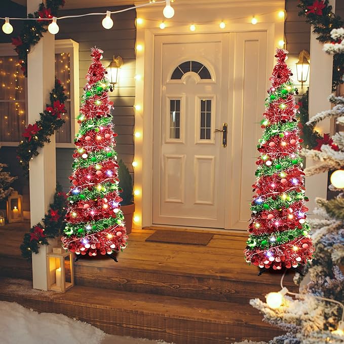 5 FT Collapsible Sequin Pop Up Christmas Tree with 90 LED Lights, Skinny Pencil Tinsel Xmas Tree with Stand for Apartments