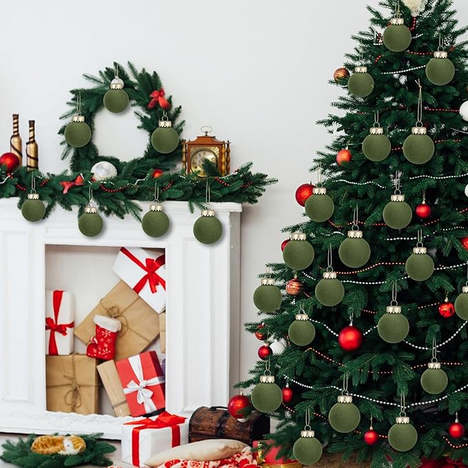 12 Pcs Velvet Christmas Balls Flocked Christmas Tree Hanging Ornaments Shatterproof Plastic Hanging Balls Decorations for Xmas Tree Party Home Holiday Decor (Green, 3.15 inch)