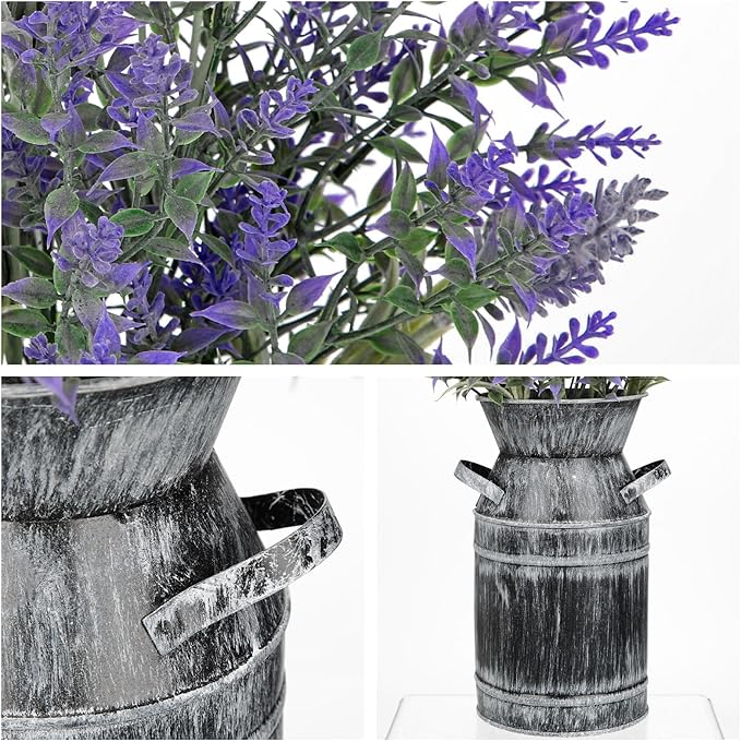 Artificial Lavender Flowers with Rustic Metal Vase 17 Inch Faux Lavender Plant Arrangement in Galvanized Planter Vintage Farmhouse Floral Decor for Home Office Kitchen Decor Wedding Table Centerpiece