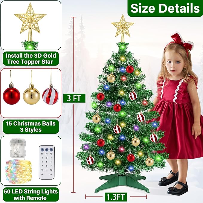 [ 12 Modes & Timer ] 3 Ft Christmas Tree with 50 Warm White, 15 DIY Ornaments, 3D Star Topper Battery Operated Small Christmas Tree for Indoor Home Tables Fireplace Holiday Xmas Christmas Decorations