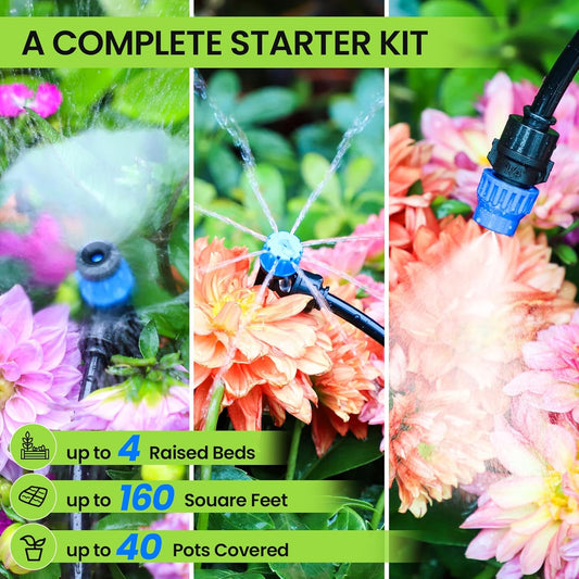 Bonviee 247FT Drip Irrigation System, Automatic Garden Watering System Kit with 50FT 5/16” & 1/4” Drip Tubing, Quick-to-Connect Fittings, Adjustable Drip Emitters for Raised Beds, Greenhouse, Lawn