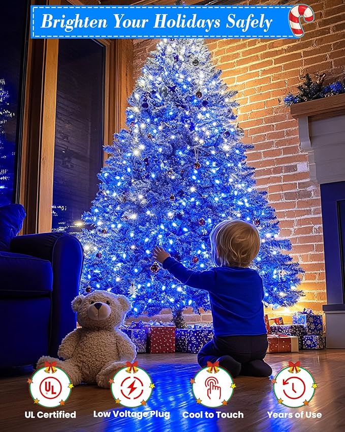 LED Christmas Lights, Extra Long Outdoor String Lights Waterproof, Timer & Memory, 8 Modes Dimmable Plug in Fairy for Outside Tree Wedding Patry (Blue and White, Total 710FT 1800 LED)