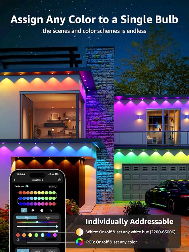 Lepro E1 AI Permanent Outdoor Lights APP Control, 50ft 30 LED Smart RGB+IC+Warm/Cool White House Eave Light for Halloween Christmas, Alexa Google Enabled, 2.4 GHz WiFi/Bluetooth, NO Remote Controller