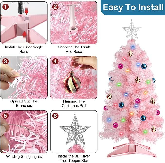 [ 12 Modes & Remote Control ] SURCVIO 3 Ft Christmas Tree with Timer 50 Four Color LED Lights DIY 15 Ball Ornaments Star Artificial Xmas Tree Indoor Outdoor Home Holiday Decorations (Pink)