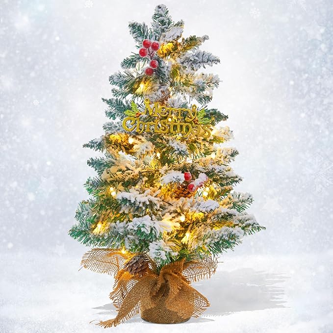 Small Mini Table top Flocked Christmas Tree with 50 LED Lights 24 Inch /2FT Little Prelit Christmas Tree Decorated Gift Boxes and Hanging Ornaments for DIY Christmas Decoration