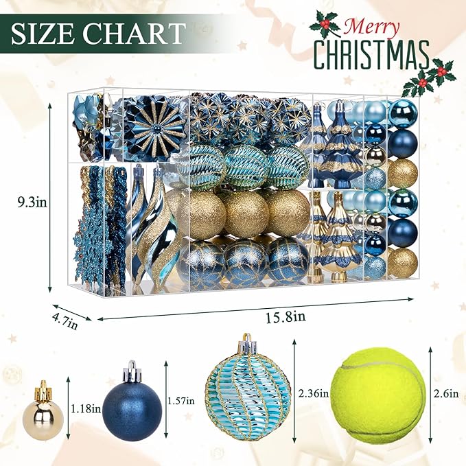 108 Pcs Christmas Ball Ornaments Set, Blue and Gold Shatterproof Hand-Painted Hanging Bulbs Decoration for Xmas Tree, Wreath, Garland, Home Holiday Decor