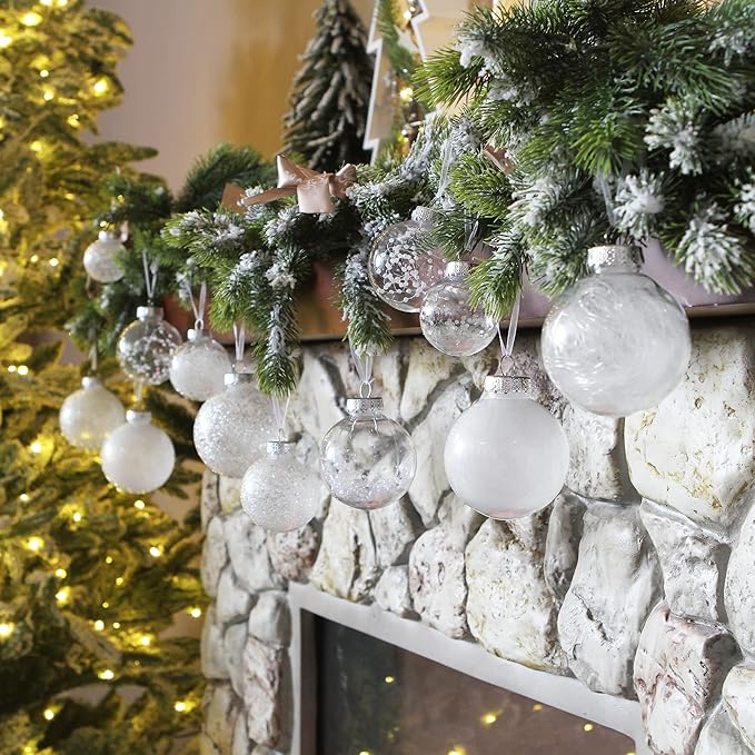 Sea Team Shatterproof Clear Plastic Christmas Ball Ornaments Decorative Xmas Balls Baubles Set with Stuffed Delicate Decorations (100mm/3.94''/16-Pack, White)