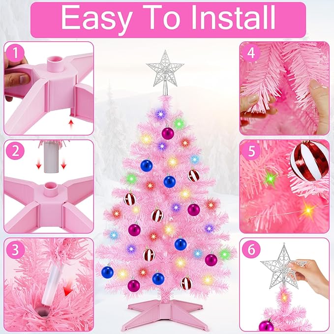 [ Timer & 12 Modes ] 3Ft Pink Christmas Tree with 50 Warm White&Color Lights 3D Star Battery Operated Christmas Day Decor Tree Indoor Home Tables Holiday Christmas Decorations