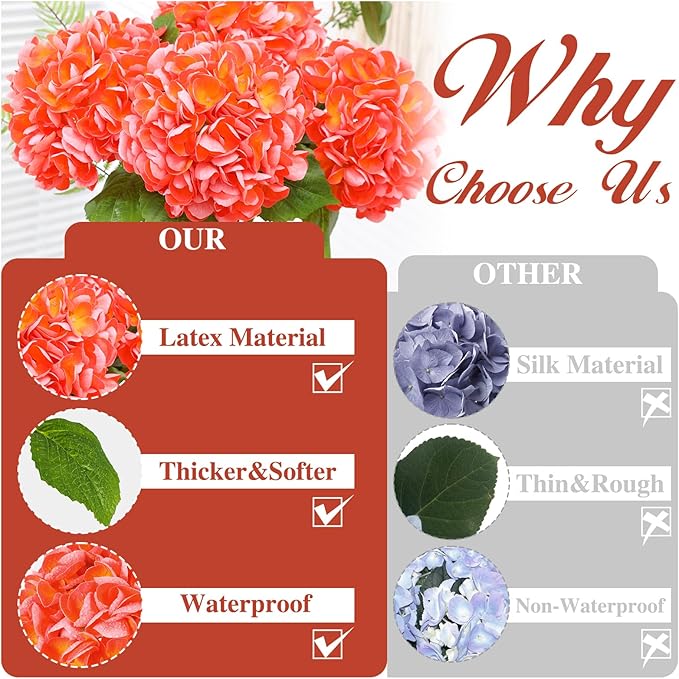 Nubry 22.44In Orange Hydrangea Artificial Flowers,4Pcs Latex Faux Real Touch Large Hydrangea Flowers with Long Stems & Leaves for Home Office Decor Wedding Party Arrangements(Orange)
