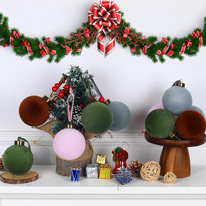 24 Pcs Velvet Christmas Balls Bulk Shatterproof Plastic Christmas Tree Decorations for Decorative Hanging Baubles (24, Green、Brown、Pink、Haze Blue, 3.15Inch)