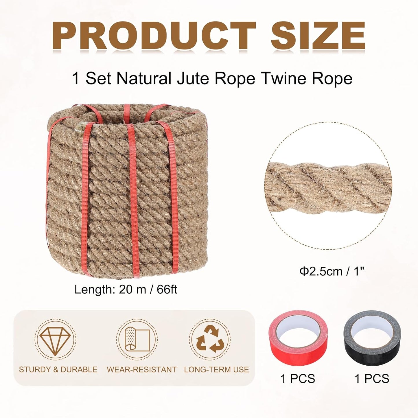 MECCANIXITY Jute Rope 1 Inch x 66ft, Thick Twine Rope Ropes Braided Jute Twine Natural Brown Burlap Cord String Heavy Twisted with Tapes for Decorative Crafts Railing Swing Tug of War