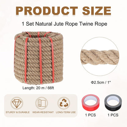 MECCANIXITY Jute Rope 1 Inch x 66ft, Thick Twine Rope Ropes Braided Jute Twine Natural Brown Burlap Cord String Heavy Twisted with Tapes for Decorative Crafts Railing Swing Tug of War