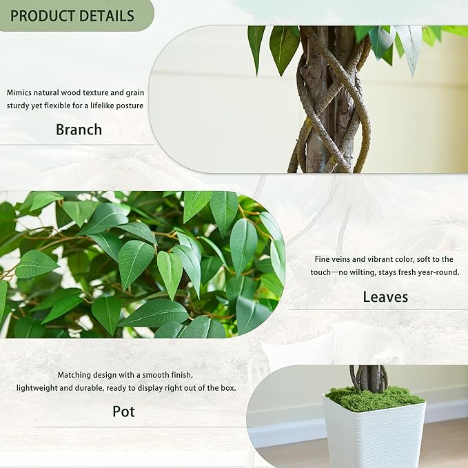 Artificial Ficus Tree 5FT Faux Plants Indoor Tall Fake Plants with White Tall Planter, Green Lifelike Lush Fake Ficus Tree for Home Living Room Bedroom Outdoor Balcony House Office Decor