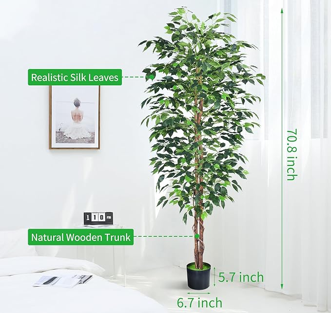 2Packs 6FT Artificial Ficus Tree,Fake Plants with Sturdy Plastic Nursery Pot,Faux Ficus Trees for Home Office Living Room Farmhouse Indoor Outdoor Decor Perfect Housewarming Gift (6FT-2Packs)