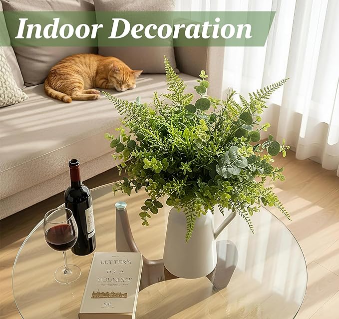 ilauke 6 Pack Artificial Greenery Stems Outdoor UV Resistant, Faux Plants for Home Decor Indoor Outside, Assorted Eucalyptus Decor & More for Vases