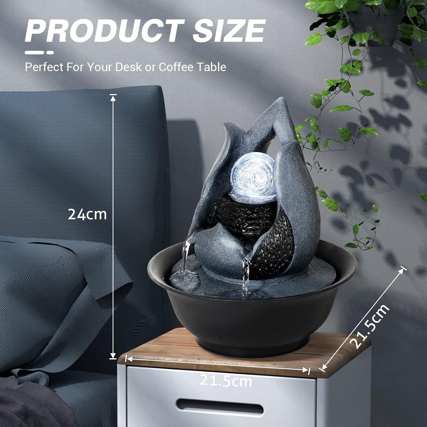 WICHEMI Indoor Water Fountain Tabletop Fountains with LED Rolling Ball, Feng Shui Zen Meditation Desktop Waterfall Fountains Calming Water Sound Relaxation Fountain for Home Bedroom Office (Style 12)