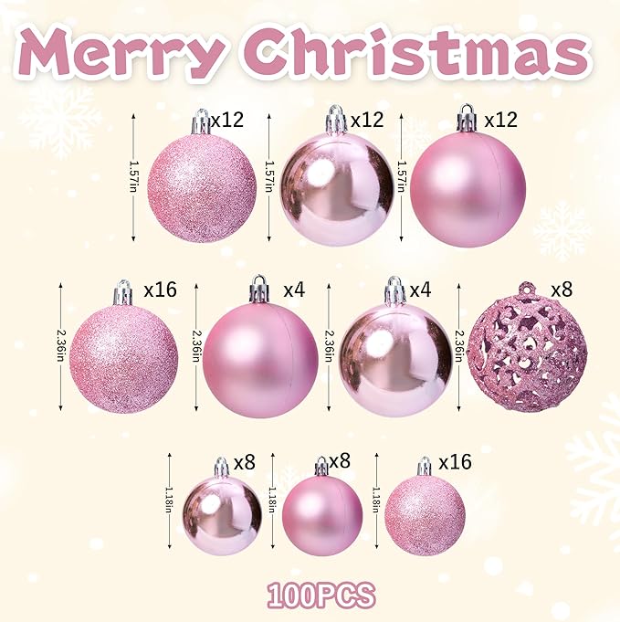 100-Pack Christmas Ball Ornaments for Tree,Shatterproof Plastic Holiday Baubles Set in Assorted Sizes and Finishes, Christmas Tree Decorations for Home, Office, Party, Indoor Outdoor Use