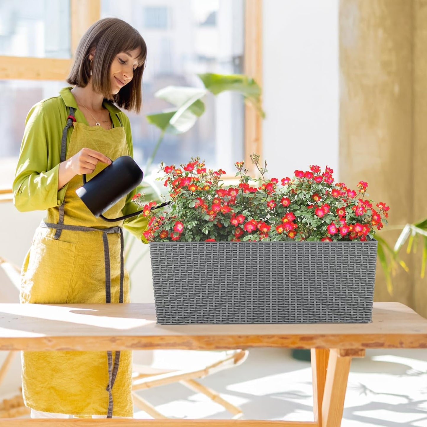 Aoodor 4Pcs 19.5" Rectangular Window Box Wall Mount/Railing Planter, Self-Watering Planter with Adjustable Bracket, for Fence, Balcony, Patio, and Outdoor Decor - Grey