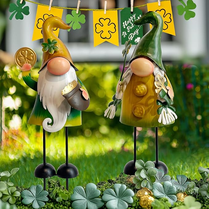 HONGLAND Fall Decor - Fall Decorations for Garden, Metal Gnomes Figurine Yard Art, Luck Shamrock Gnome for Home Outside Lawn Party Yard Patio