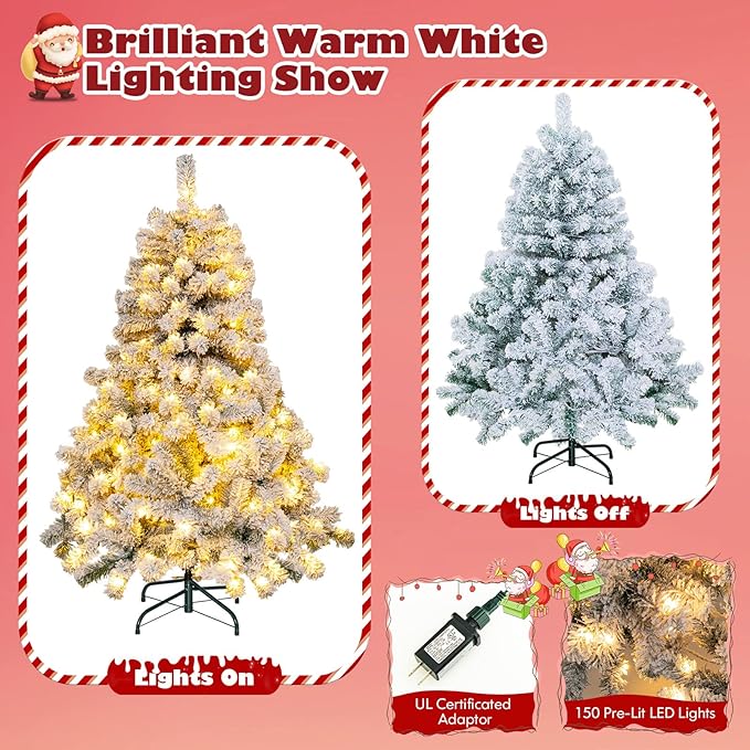 HAPPYGRILL 4.5 FT Pre-Lit Snow Flocked Christmas Tree, Artificial Hinged Xmas Tree with 150 LED Lights, 295 Branch Tips, PVC Leaves, Metal Stand, Xmas Holiday Decor for Office Home
