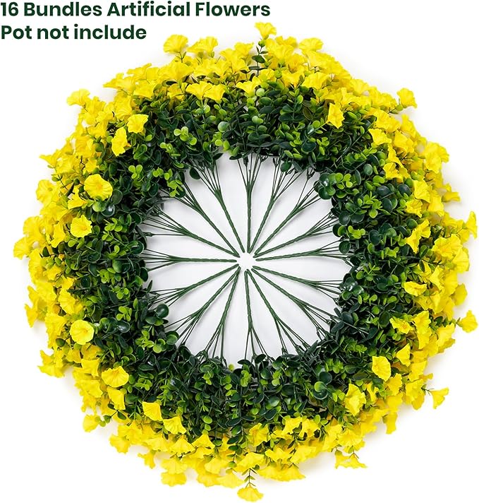 Artificial Faux Flowers for Outdoor 16 Bundles Boxwood Fake Morning Glory for Planter,UV Resistant Fake Flowers for Home Porch Patio Outside（Yellow）
