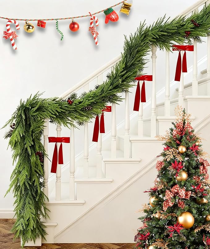 Christmas Garlands Norfolk Pine Garland Real Touch Artificial Faux Greenery Garland for Holiday Table Mantle Wall Indoor Outdoor Decor (9FT)