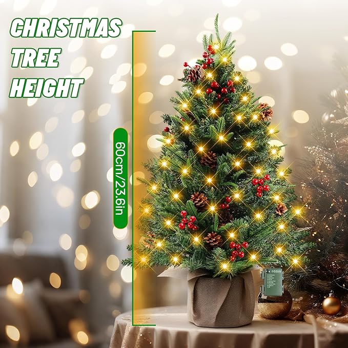 24 Inch Mini Christmas Tree, Table Top Artificial Xmas Pine Trees with 100 5-Pronged PE Branches, DIY Artificial Christmas Tree with 60 LED String Lights, Pine Cones and Red Berries Decoration