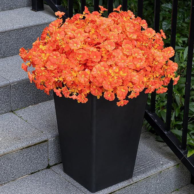 Artificial Faux Flowers for Outdoor 16 Bundles Boxwood Fake Morning Glory for Planter,UV Resistant Fake Flowers for Home Porch Patio Outside (Fall Red)