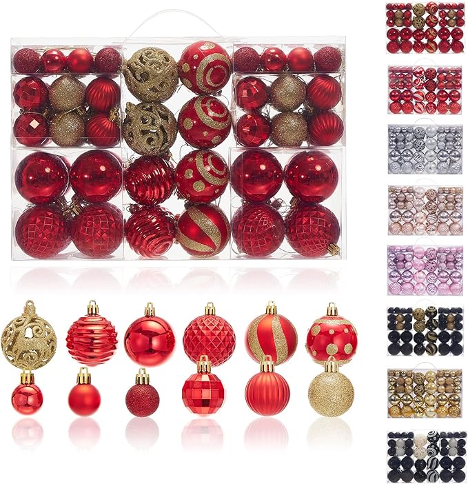 100PCS Christmas Ball Ornaments, Assorted Shatterproof Christmas Tree Decorations, Seasonal Decorative Hanging Baubles Decor Set for Xmas/Holiday/Party, Glitter&Painting Ornament Set (Red Gold)
