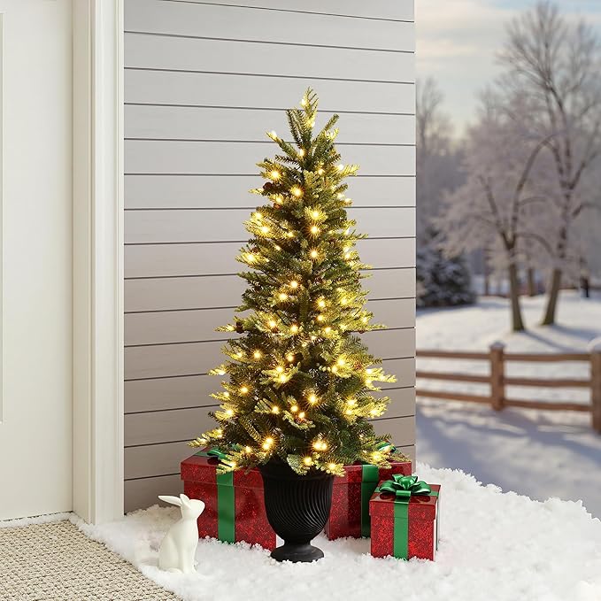 LuxenHome 4.5FT Potted Christmas Tree, Prelit Artificial Small Christmas Trees with 150 LED Lights, Slim Xmas Tree Pre-lit with Pine Cone and Black Fluted Urn Style Pot for Entryway, Living Room