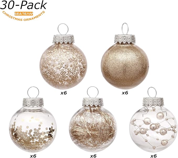 Sea Team 50mm/1.97" Shatterproof Clear Plastic Christmas Tree Ball Ornaments Set, Decorative Hanging Transparent Xmas Baubles with Stuffed Delicate Decorations (30 Counts, Champagne)