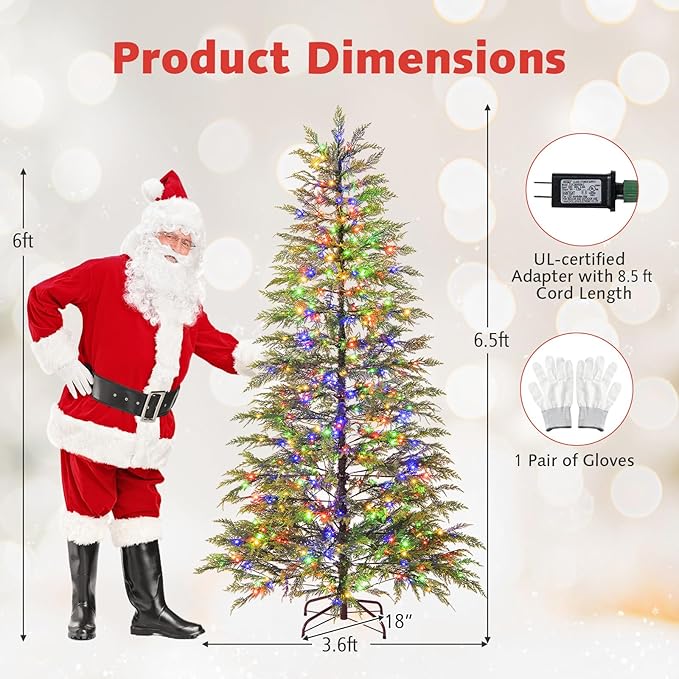 Goplus 6.5 FT Pre-Lit Artificial Christmas Tree, Hinged Sparse Xmas Fir Tree with 578 Soft Branch Tips, 390 Multicolored LED Lights, 8 Modes, Foldable Metal Stand, Home Office Decoration
