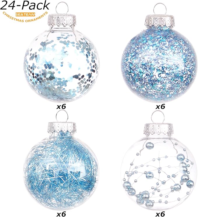 Sea Team Shatterproof Clear Plastic Christmas Ball Ornaments Decorative Xmas Balls Baubles Set with Stuffed Delicate Decorations (70mm/2.76 inch 24-Pack, Babyblue)