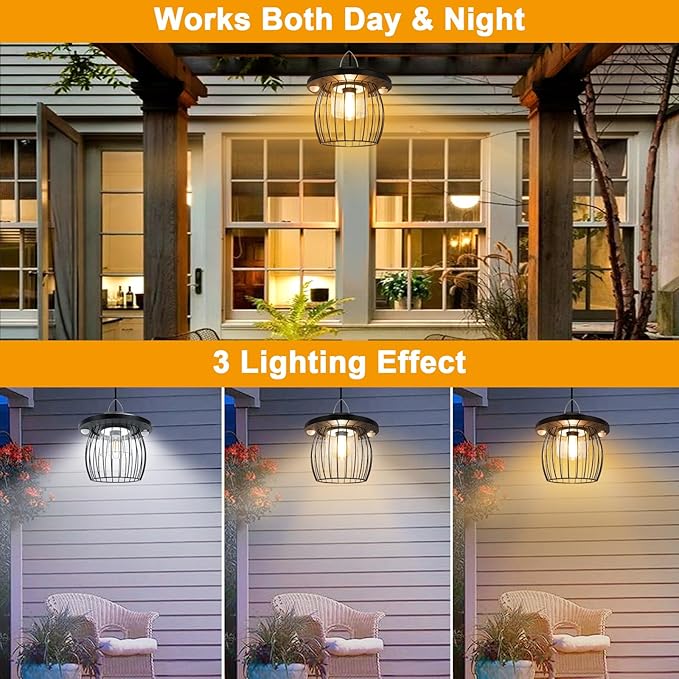 Solar Shed Lights with 2 Motion Sensors, Classic Metal Solar Chandelier Outdoor with 5 Lighting Modes, Waterproof Pendant Lamp with Remote Control for Gazebo, Garden, Patio, Barn(16.4FT Cord, 2 Pack)
