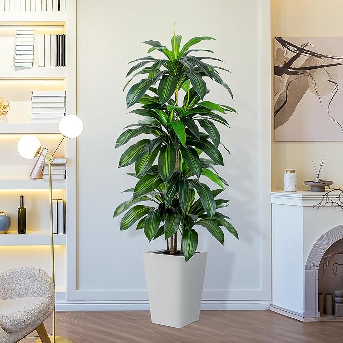 Artificial Dracaena Tree with White Tall Planter, 5ft Tall Potted Artificial Dracaena Silk Plant, Fake Yucca Tree Plant, Home Office Floor Room Decor Plants Indoor Outdoor, Housewarming Gift