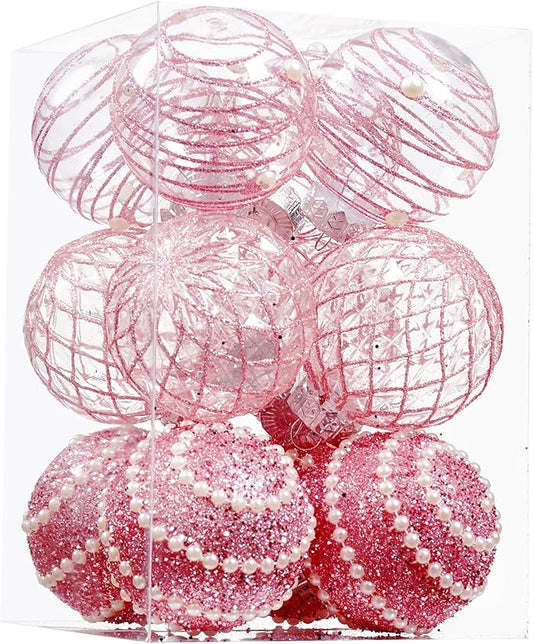 12CT Christmas Ball Ornaments Pink Shatterproof Clear Large Plastic Christmas Tree Decoration, Delicate Hanging Ornaments for Xmas Party, Wedding, Holiday and Home Décor(70mm/2.76")
