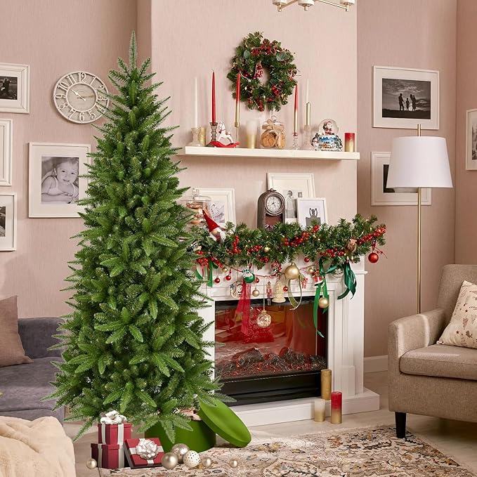 5ft Artificial Pencil Christmas Tree Hinged Realistic Slim Xmas Tree w/Sturdy Metal Stand, Fake Christmas Tree with 610 Tips for Home, Office, Party Decoration Indoor