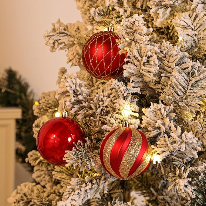 SHareconn 80mm Christmas Balls Ornaments,12PCS Colored Shatterproof Plastic Decorative Hanging Tree Decorations Baubles Set for Xmas Tree Decor Holiday Party Wedding Decoration with Lanyard,Red & Gold