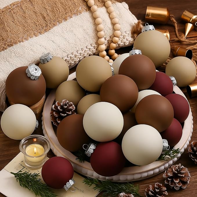 24 Pcs Neutral Matte Christmas Ball Ornaments 2.4 Inch Rustic Boho Burgundy Brown Camel Cream Xmas Bulbs Ornament Vintage Xmas Baubles Modern Christmas Decor for Tree Farmhouse Decor
