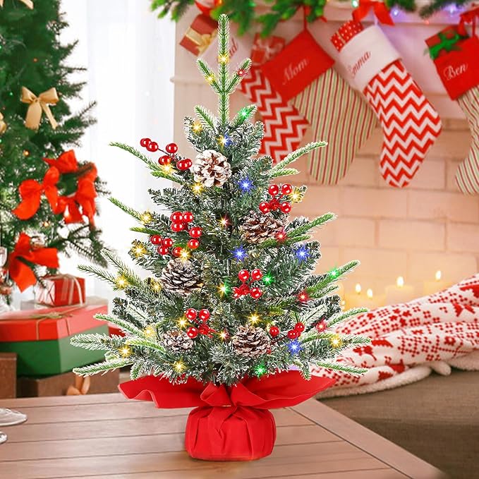 [ Timer & 8 Modes] 24 Inch Realistic Snowy Tabletop Christmas Tree PE&PVC Branches Mini Christmas Tree with 50 Warm White & Muliti Lights Red Berries Pine Cone Indoor Home Christmas Decorations