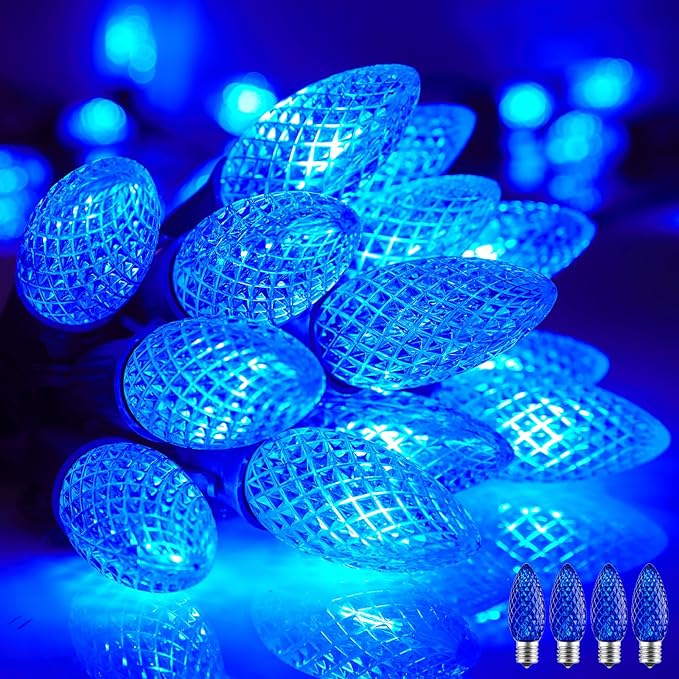 Minetom C9 Christmas String Lights, 100 Ft Blue C9 Outdoor Christmas Lights with 100 Strawberry C9 Led Bulbs, Connectable UL Certified for Outdoor Indoor Roofline Holiday Backyard Xmas Decor