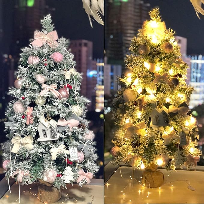 Pre-Lit Artificial Christmas Tree 3ft,Snow Flocked Xmas Pine Tree Decorated with 70 LED Lights,140 Branch Tips,7 Pine Cones,10 Red Berries Christmas Snow Tree for Desktop,Battery Powered