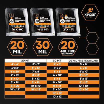 6' x 10' Clear Vinyl Tarp - Fire Retardant 20 Mil Super Heavy Duty Transparent Waterproof PVC Tarpaulin with Brass Grommets - for Patio Enclosure, Temporary Wall, Multipurpose - by Xpose Safety