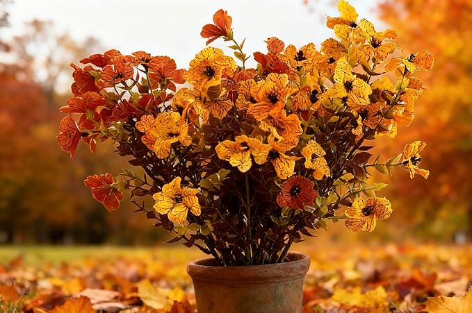 Artificial 15-Bloom Violet Flowers, Fake Flowers for Indoor Outdoor Decor, Faux Plants for Garden, Porch, Fall and Seasonal Decoration, UV Resistant Faux Plants (Orange and Yellow)