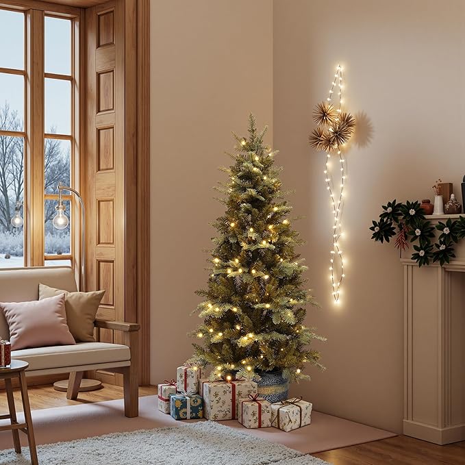 LuxenHome 4FT Potted Christmas Tree, Gold Glitter Slim Small Prelit Artificial Christmas Trees with 150 Warm White LED Lights, Faux Pine Tree with Modern MgO Pot for Indoor and Outdoor Holiday Decor