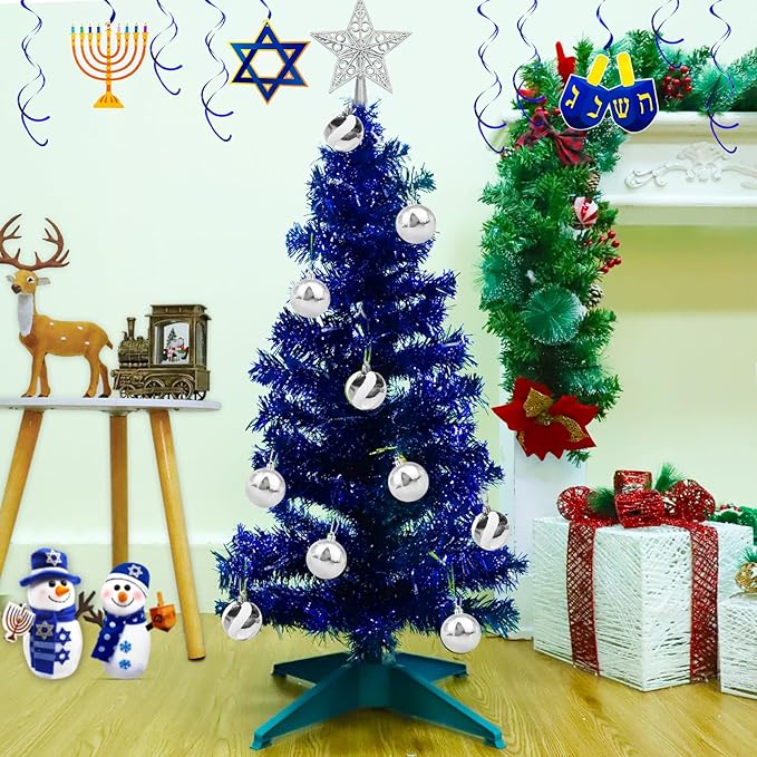 TURNMEON 3 Ft Christmas Hanukkah Tree with Lights Timer 15 DIY Ball Ornament Star Blue Small Tinsel Tree Battery Operated Christmas Artificial 8 Modes Xmas Hanukkah Decorations Home Indoor Holiday